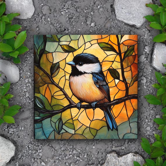Chickadee Stained Glass Print Tile, Bird Garden Plaque Decor