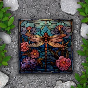 Enchanting Dragonfly Stone Tile for Garden and Walkways, Printed Image Dragonfly In Stained Glass Look Natures Garden Art