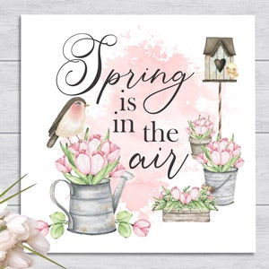 Spring Signs | Spring Is In The Air | Spring Decor Watercolor Farmhouse Wood Sign