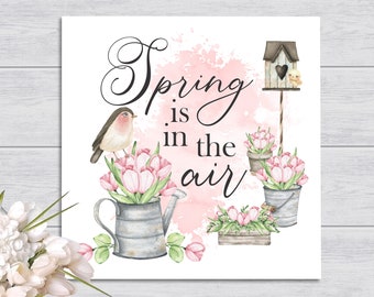 Spring Signs | Spring Is In The Air | Spring Decor Watercolor Farmhouse Wood Sign