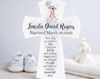 Personalized Boy Baptism Cross with Animal Design | Christian Nursery Wall Decor