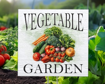 Rustic Vegetable Garden Wooden Sign with Stake, 8x8 Outdoor Veggie Plot Signs