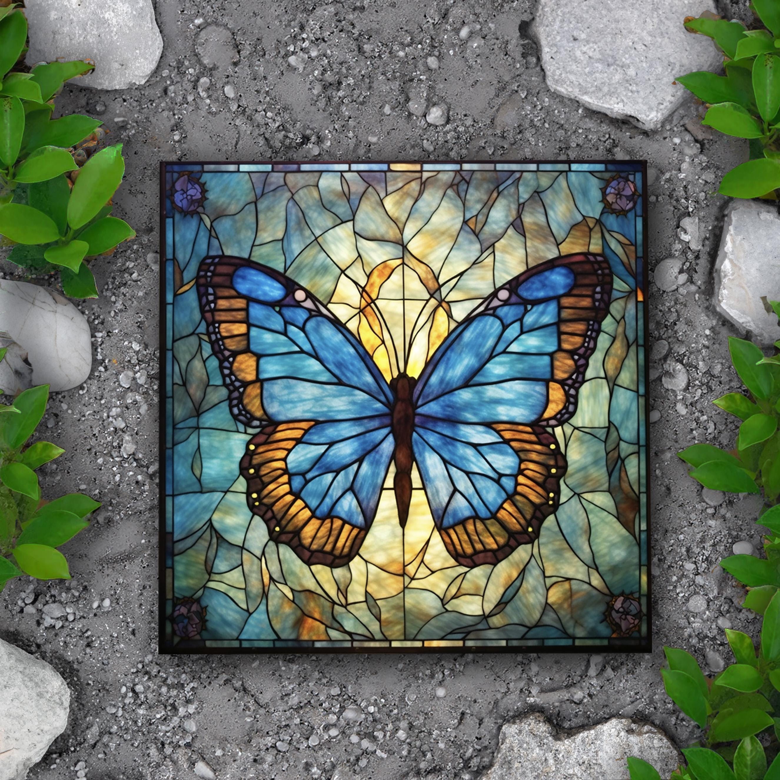 Blue Butterfly Garden Tile: Printed Image Stained Glass Look