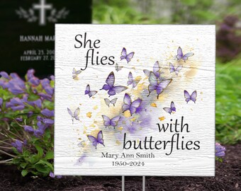 Temporary Memorial Grave Marker for Loss of Friend, Family, Sister "She Flies with Butterflies" Cemetery Markers Memorial Gift