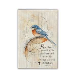 Close-up of Bluebird Christian block art with Bible verse, handmade inspirational faith decor