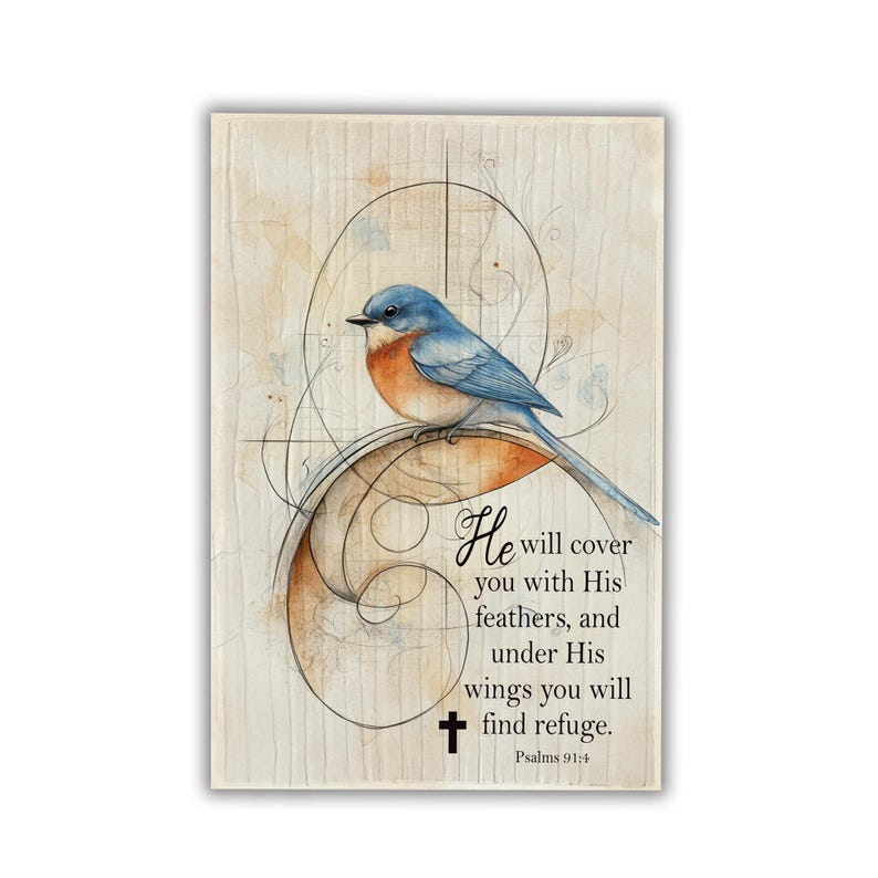 Close-up of Bluebird Christian block art with Bible verse, handmade inspirational faith decor