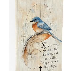 Angle View Close-up of Bluebird Christian block art with Bible verse, handmade inspirational faith decor