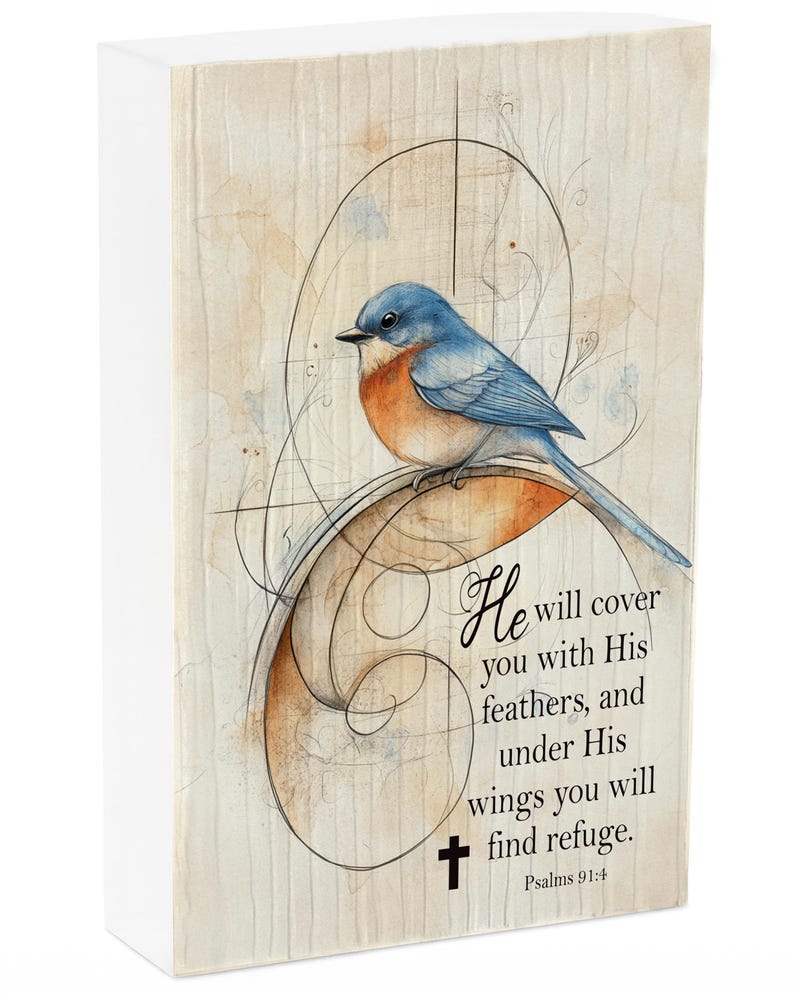Angle View Close-up of Bluebird Christian block art with Bible verse, handmade inspirational faith decor