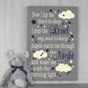 Now I Lay Me Down To Sleep, Wooden Prayer Sign. Ideal Baptism Gift for Girls Navy / Linen