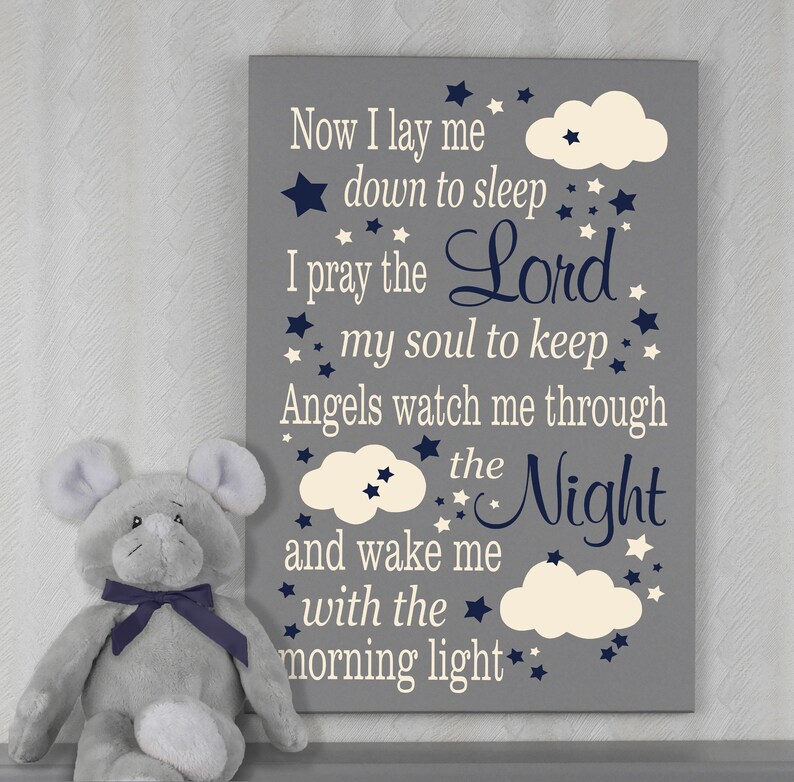 Now I Lay Me Down To Sleep, Wooden Prayer Sign. Ideal Baptism Gift for Girls Navy / Linen