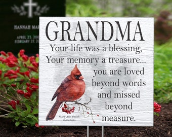 Temporary Memorial Grave Marker for Loss of Grandparent, Grandma, Grandpa, Tribute "Your Life Was A Blessing..." Cardinal, Name and Date