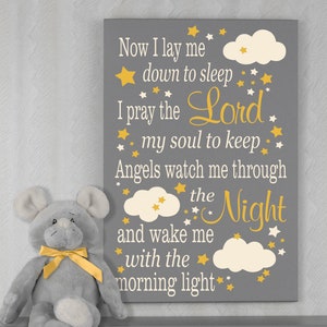 Ahora me acuesto a dormir, signo de oración de madera. Regalo de bautismo ideal para niñas. Yellow / Linen