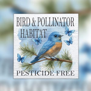 Bluebird and butterflies on a pesticide-free garden sign, perfect for outdoor use