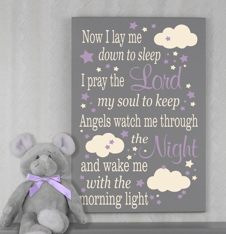 Now I Lay Me Down To Sleep, Wooden Prayer Sign. Ideal Baptism Gift for Girls Light Purple / Linen