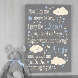 Now I Lay Me Down To Sleep, Wooden Prayer Sign. Ideal Baptism Gift for Girls Soft Blue / Linen