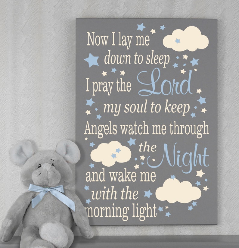 Now I Lay Me Down To Sleep, Wooden Prayer Sign. Ideal Baptism Gift for Girls Soft Blue / Linen