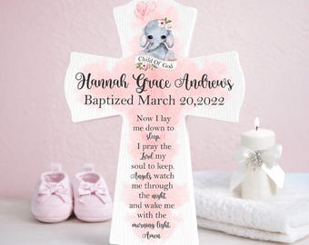 Personalized Girl Baptism Cross with Animal Design | Christian Nursery Wall Decor