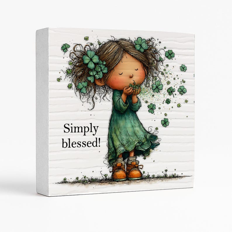 Angled view of Simply Blessed St Patrick’s Day plaque showing textured wood grain front