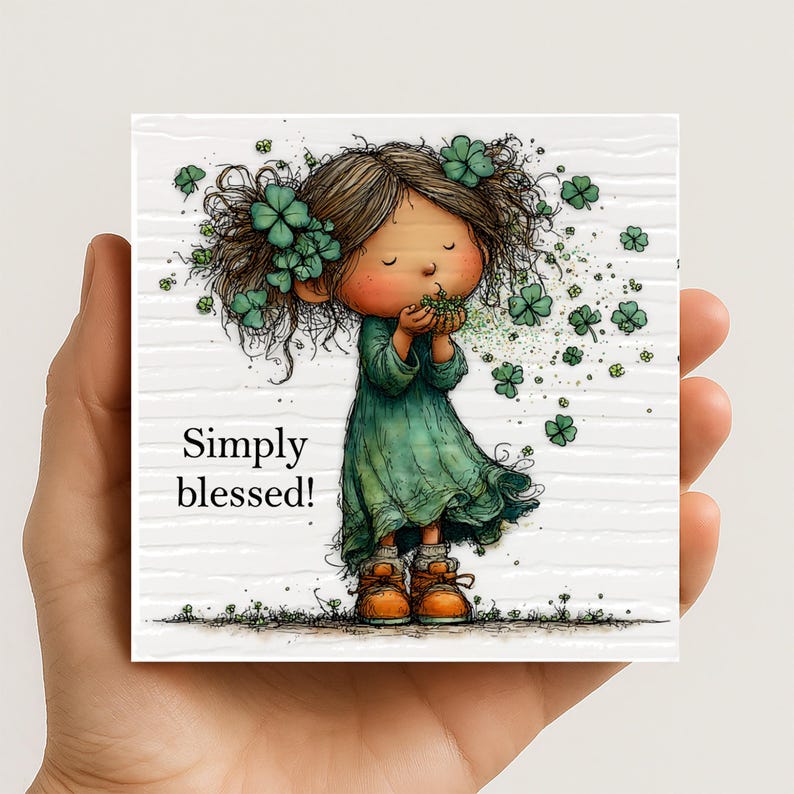 Hand holding Simply Blessed shamrock plaque showing small size Irish St Patrick’s Day decor