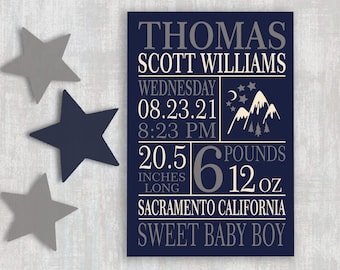 Baby Boy Birth Stats Personalized Wooden Sign. Mountain Nursery Decor