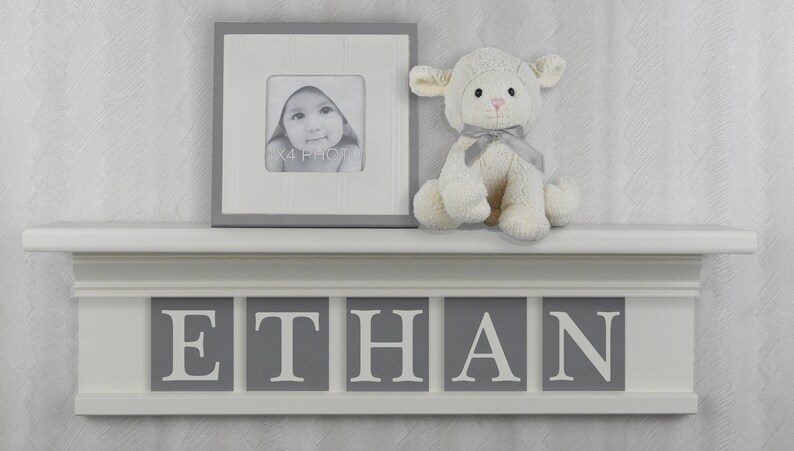 Baby Boy Wall Decor White Shelf | Gray Nursery Decor | Baby Boy Room Decor | Wood Letters Personalized Gift | Name Signs for Nursery Boy 