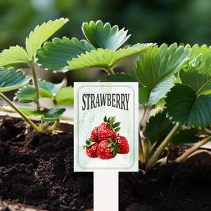 May include: A white garden marker with the word "STRAWBERRY" printed in black. The marker features a watercolor illustration of red strawberries on a white background.