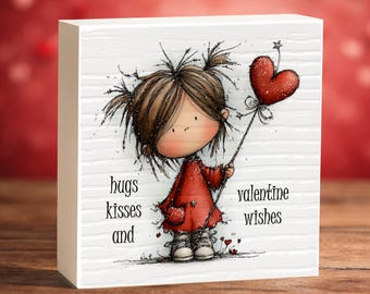 Hugs Kisses Valentine Wishes • Mini Gift Block • Sweet Valentines Decor Keepsake Plaque