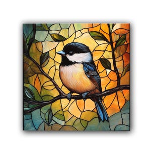 May include: A colorful stained glass painting of a small bird perched on a branch. The bird has a black head, white chest, and blue wings and tail. The background is a vibrant mix of yellow, orange, and green.