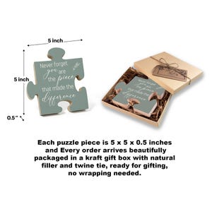 May include: A sage green puzzle piece with the text "Never forget you are the piece that made the difference." The puzzle piece is 5 inches by 5 inches and 0.5 inches thick. One is displayed, and another is in a gift box.