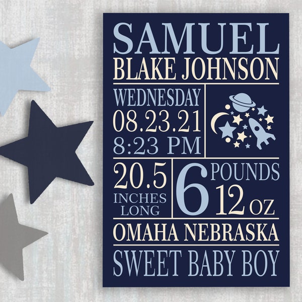 Birth Stat Sign for baby boy with whimsical rocket ship soaring through the stars. Personalized Birth Stats Wall Art