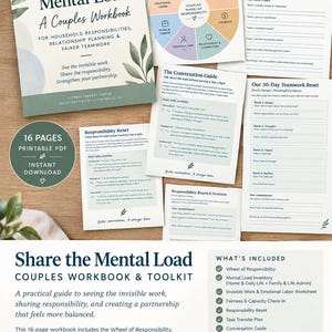 May include: A 16-page printable PDF couples workbook titled Share the Mental Load, featuring a wheel of responsibility, mental load inventory, conversation guides, and a 30-day teamwork reset. The documents are on 21.59 by 27.94 cm sized paper.