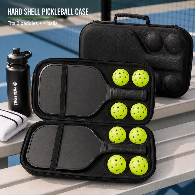 Może przedstawiać: Czarne etui na pickleball z twardą skorupą, zawierające dwie czarne rakietki do pickleballa i cztery neonowo-ż&oacute;łte piłeczki. Etui zawiera napis HARD SHELL PICKLEBALL CASE oraz Fits 2 paddles + 4 balls. Obok znajduje się czarna butelka na wodę.
