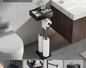 Toilet Paper Holder Stand with Shelf & Drawer | Freestanding Bathroom Tissue Holder | Heavy Duty Metal TP Rack for 7 Rolls | Wipes Storage