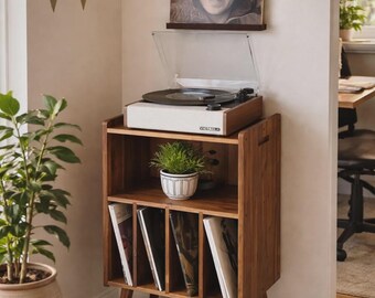 Handmade Wooden LP Record Radio Player Stand – 3-Tier Mid-Century Modern Turntable Cabinet Storage Holds 100 Albums Organizer Table