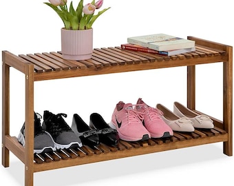Rustic Walnut Wood Shoe Rack – 2-Tier Shoe Organizer Shelf for Entryway, Closet, or Bedroom – Eco-Friendly Wooden Storage Bench|Good Quality