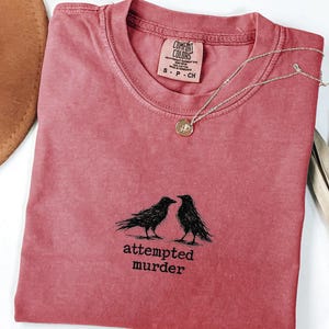 Peut inclure: T-shirt rose d&eacute;lav&eacute; &agrave; col rond et manches courtes. Le t-shirt pr&eacute;sente un motif noir de deux corbeaux se faisant face, avec le texte "attempted murder" en dessous. Un collier argent&eacute; avec un pendentif repose sur le t-shirt.