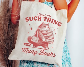Es gibt keine solche Sache wie zu viele Bücher Tragetasche, Bücherwurm Tragetasche, niedliche Katze Tragetasche, Buch-Liebhaber-Geschenk, lustige Vintage Tier-Einkaufstasche