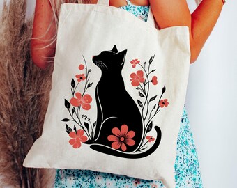 Black Cat Floral Tote Bag, Black Cat Tote, Cat Art Tote, Cat Grocery Bag, Cat Lover Gifts, Birthday Gifts for Women,Vintage Flowers Cute Bag