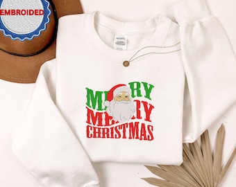 Merry Christmas Santa geborduurd sweatshirt, geborduurde grappige kerstman ronde hals, Christmas Santa geborduurde trui, Merry Merry Xmas Gift