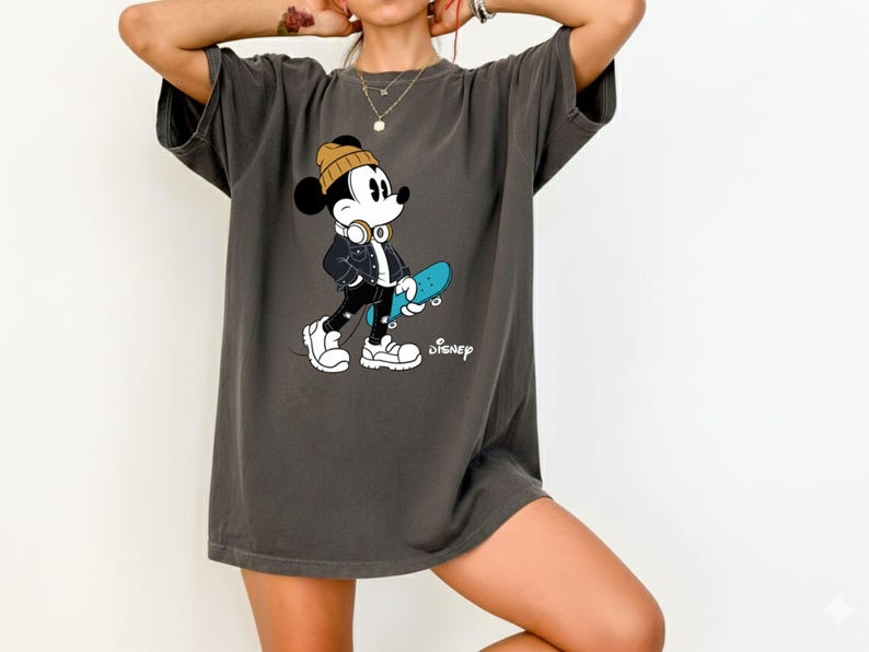 Streetwear Mickey Shirt, Skater Mickey Mouse tee, Hypebeast Disney tee, Cool Mickey Mouse With Skateboard Tee, Trendy Disney Vacation Shirt image 4