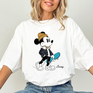 Streetwear Mickey Shirt, Skater Mickey Mouse tee, Hypebeast Disney tee, Cool Mickey Mouse With Skateboard Tee, Trendy Disney Vacation Shirt image 1