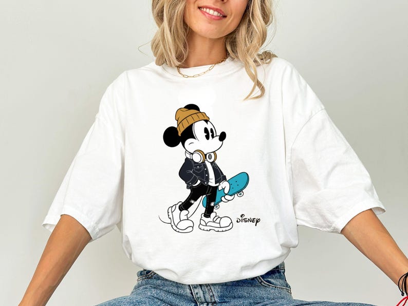 Streetwear Mickey Shirt, Skater Mickey Mouse tee, Hypebeast Disney tee, Cool Mickey Mouse With Skateboard Tee, Trendy Disney Vacation Shirt image 1