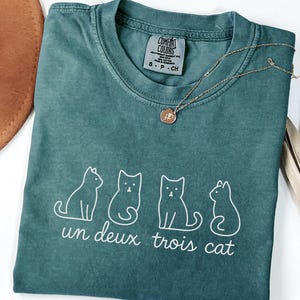 以下が含まれることがあります： 4匹の猫の白いアウトラインイラストと「un deux trois cat」のテキストが入った、ティール色のComfort Colors Tシャツ。ペンダント付きのゴールドネックレスと茶色の帽子も写っています。