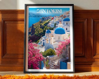 Póster de viaje a Grecia: Impresión artística de la isla de Santorini, arquitectura cicládica, decoración costera