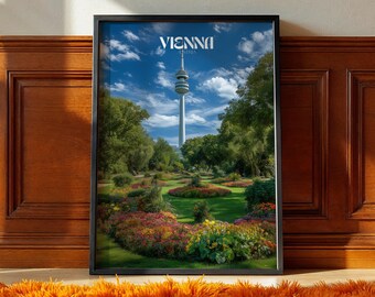 Poster Wenen, Oostenrijk: Donauturm-monument, skylinekunst van de stad