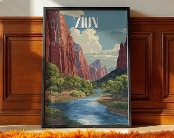 May include: Framed art print featuring a landscape of Zion National Park. The artwork depicts a river winding through red rock formations under a blue sky with the word "ZION" at the top.