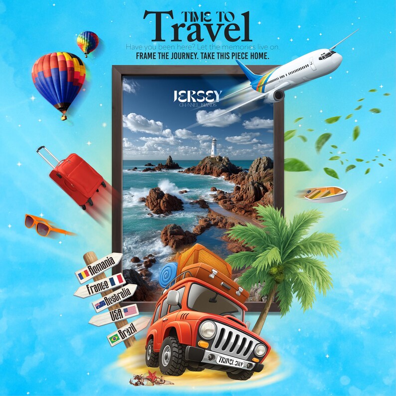 May include: A colourful travel-themed image featuring a framed coastal scene, a red suitcase, and an aeroplane. A red jeep with luggage, a signpost with country flags, and hot air balloons are also shown. The text reads "TIME TO TRAVEL" and "FRAME THE JOURNEY."