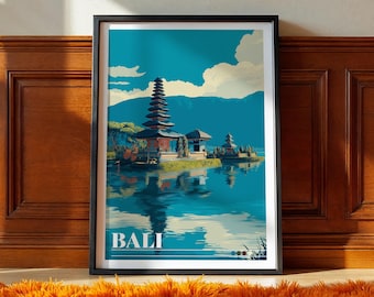Bali Travel Poster: Ulun Danu Beratan Temple Print, Indonesia Wall Art