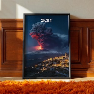 Mount Etna Poster – Sicily Travel Art Print, Volcano Landscape Poster, Framed Italian Wall Decor, Nature Illustration