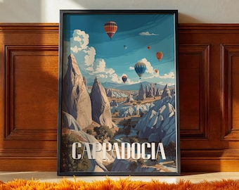 May include: A framed art print featuring a landscape of Cappadocia, Turkey, with hot air balloons in a blue sky. The print has a black frame and the word "Cappadocia" in white letters at the bottom. The landscape includes rock formations and valleys.